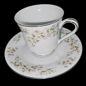 Treasure Chest Lenore No. 7001 Cup & Saucer Set Pink White Flowers Silver Trim